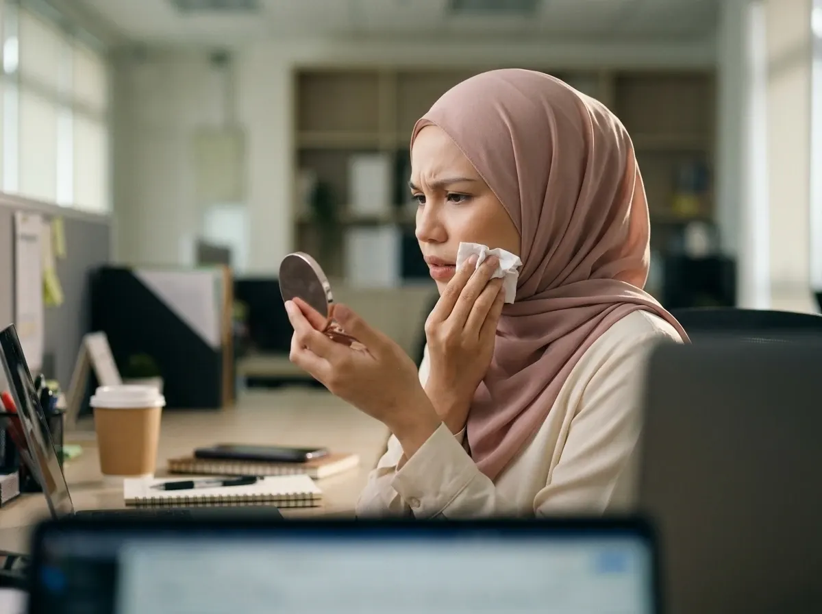 Wanita di pejabat menyentuh muka yang terasa kurang selesa